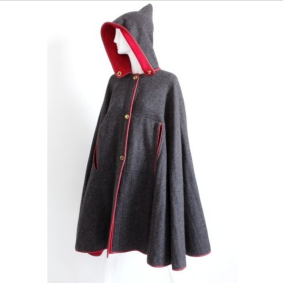 Bonnie Cashin Cape with Hood Charcoal Wool Cherry Red Leather Trim Vintage 60s - Picture 5 of 8